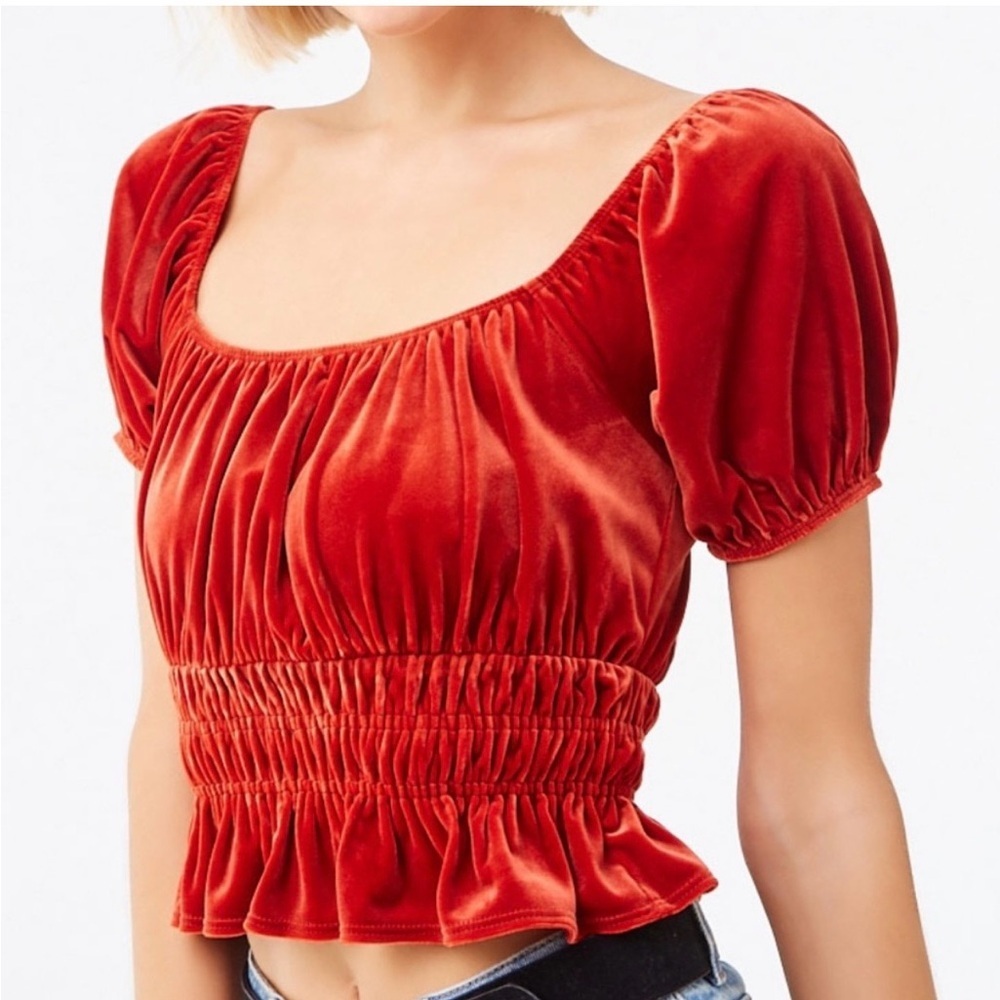 Forever 21 Velvet Orange Crop Peplum Top Puff Sleeves Size Medium